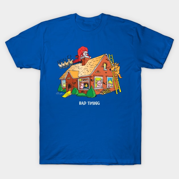 Santa Lands On Three Little Pigs' Roof T-Shirt by Not Your Mothers Goose